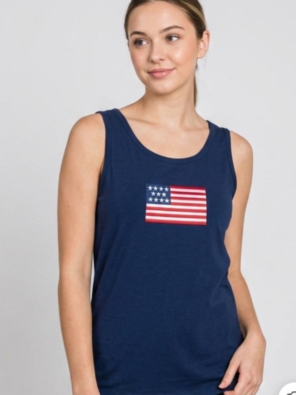 Zenana Classic Navy Tank Top with Flag embroidered Patch size large New!